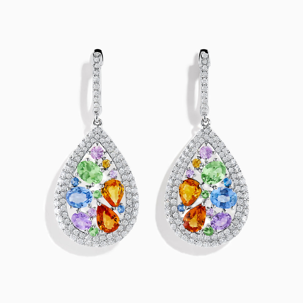 The Watercolors 14K White Gold Multi Sapphire and Diamond Earrings feature teardrop shapes bordered with diamonds, showcasing orange, purple, blue, and green sapphires in a silver-toned setting with diamond-studded hooks.