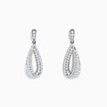 The Pave Classica 14K White Gold Diamond Drop Earrings feature elegant, teardrop-shaped drops encrusted with sparkling white diamonds, set in polished 14K white gold and displayed against a plain white background.