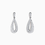 The Pave Classica 14K White Gold Diamond Drop Earrings feature elegant, teardrop-shaped drops encrusted with sparkling white diamonds, set in polished 14K white gold and displayed against a plain white background.