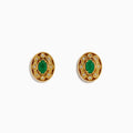 14K Yellow Gold Emerald and Diamond Filigree Halo Stud Earrings featuring green emerald centers and sparkling diamonds in a decorative filigree pattern, shown against a white background.