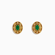 14K Yellow Gold Emerald and Diamond Filigree Halo Stud Earrings featuring green emerald centers and sparkling diamonds in a decorative filigree pattern, shown against a white background.