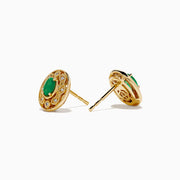 14K Yellow Gold Emerald and Diamond Filigree Halo Stud Earrings featuring green emerald centers and sparkling diamonds in a decorative filigree pattern, shown against a white background.