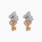 The 14K Tri-Color Gold Diamond Butterfly Earrings showcase three butterfly designs in silver, rose gold, and yellow gold, each adorned with sparkling gemstones on a white background.
