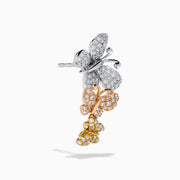 The 14K Tri-Color Gold Diamond Butterfly Earrings showcase three butterfly designs in silver, rose gold, and yellow gold, each adorned with sparkling gemstones on a white background.