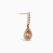 14K Rose Gold Brown and White Diamond Dangle Earrings featuring teardrop-shaped brown stones surrounded by white diamonds, with extra white diamonds accenting the vertical stem above each drop.