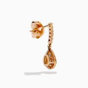 14K Rose Gold Brown and White Diamond Dangle Earrings featuring teardrop-shaped brown stones surrounded by white diamonds, with extra white diamonds accenting the vertical stem above each drop.
