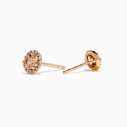 14K Rose Gold Brown and White Diamond Stud Earrings with a central round brown diamond, haloed by smaller white diamonds, displayed on a white background.