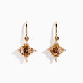 The 14K Rose Gold Brown and White Diamond Dangle Earrings feature a central brown diamond surrounded by white diamonds, each earring hanging from a simple rose gold hook.