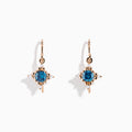The Bella Bleu 14K Rose Gold Blue and White Diamond Earrings feature round blue gemstones at the center, accented by small white diamonds and gold detailing, beautifully showcased against a white background.