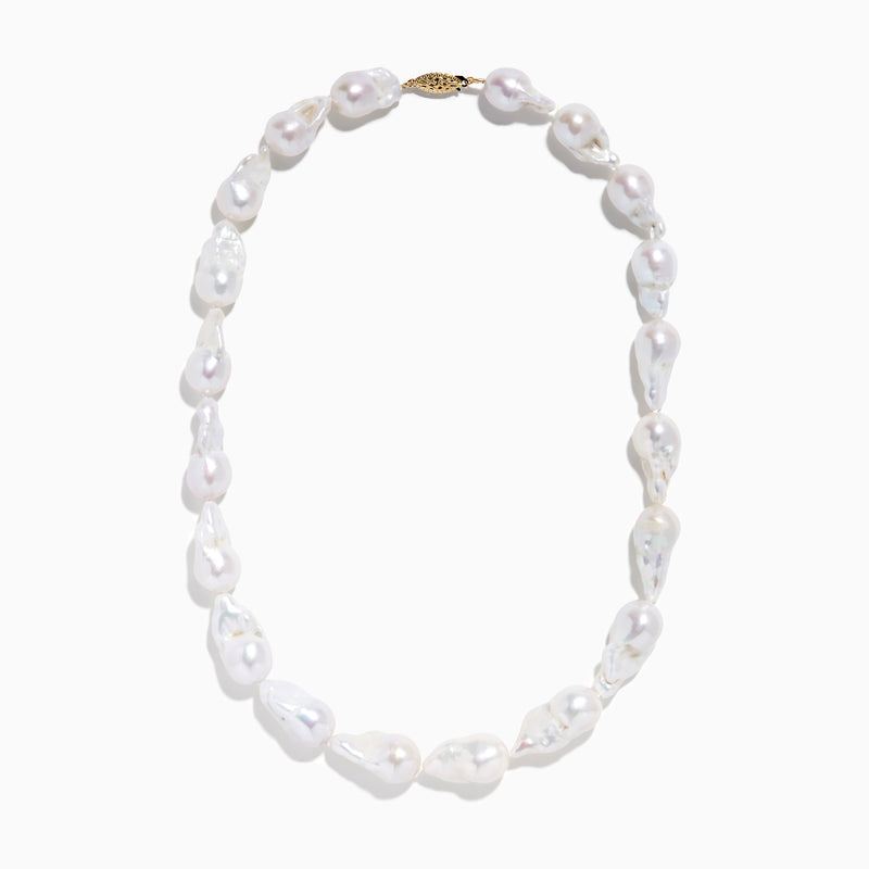 A close-up of the 14K Yellow Gold Freshwater Baroque Pearl Necklace featuring irregularly shaped white pearls and a 14K yellow gold clasp, set against a white background.
