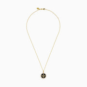The Novelty 14K Yellow Gold Black Onyx, White and Black Diamond Compass Pendant features a gold chain and round compass design with sparkling stones, shown against a plain white background.