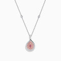 The 18K Two-Tone Gold Pink and White Diamond Pendant showcases a teardrop design with concentric pink and white diamonds, hanging from a chain elegantly accented with small round gems.