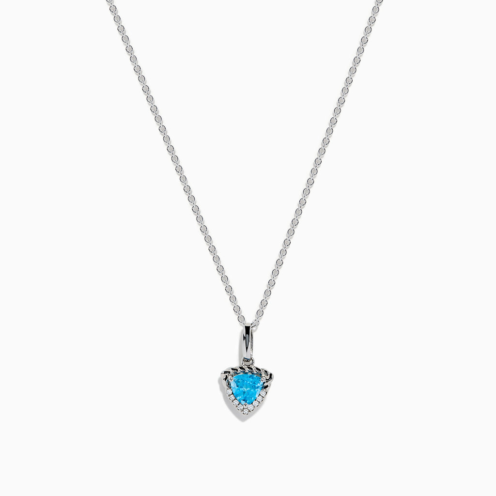 A 925 Sterling Silver Blue Topaz and Diamond Pendant, featuring a triangular blue topaz surrounded by sparkling diamonds, displayed on a white background.