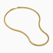 A 14K yellow gold 8 sided palmier chain necklace, 4mm in width and 18" long, is elegantly displayed in a gentle U-shape against a plain white background.
