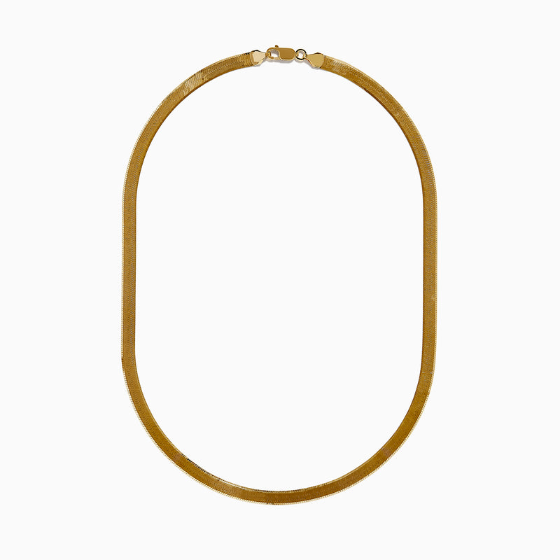 The 14K Yellow Gold Textured Herringbone Chain Necklace 17 features a flat, smooth, and wide U-shaped design displayed against a white background.