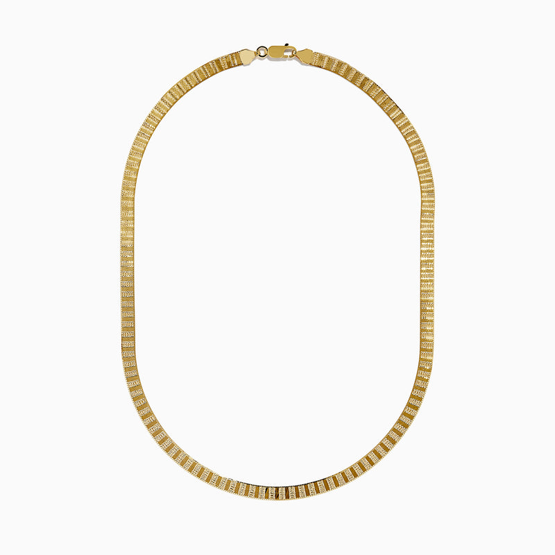 The 14K Yellow Gold Textured Herringbone Chain Necklace 17 features a flat, smooth, and wide U-shaped design displayed against a white background.