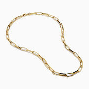 The 14K Yellow Gold Hollow Paperclip Necklace features rectangular links and is displayed on a white background.