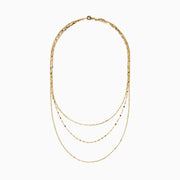 The 14K Yellow Gold Layered Chain Necklace features three delicate chains of different lengths with evenly spaced links, displayed on a white background—a perfect set for achieving effortless elegance.