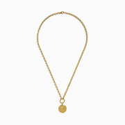 A 14K Yellow Gold Greek Horse Coin Necklace with a round pendant engraved with a horse rider, inspired by ancient coins, shown on a plain white background.
