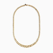 The 14K Yellow Gold Hollow Graduated Curb Chain Necklace, 18, showcases large polished interlocking links arranged in a graceful semicircle on a white background.