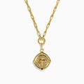 The 14K Yellow Gold Cross Pendant Chain Necklace features elongated oval links and an eye-shaped pendant with a raised central cross and a polished, shiny finish.