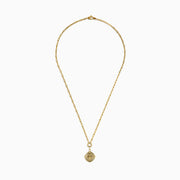 The 14K Yellow Gold Cross Pendant Chain Necklace features elongated oval links and an eye-shaped pendant with a raised central cross and a polished, shiny finish.