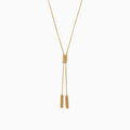 The 14K Yellow Gold Lariat Box Chain Necklace showcases a box-shaped slider at the center and two slender rectangular pendants on adjustable chains, all set against a plain white background.