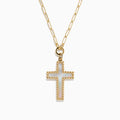 A 14K Yellow Gold Mother of Pearl Cross Pendant necklace featuring a cross outlined by small gold beads, displayed on a white background.