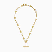 The 14K Yellow Gold Elongated Paperclip Chain Y-Necklace with Toggle Bar showcases large oval links and a vertical bar pendant, creating a sleek and modern Y-necklace design.