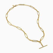 The 14K Yellow Gold Elongated Paperclip Chain Y-Necklace with Toggle Bar showcases large oval links and a vertical bar pendant, creating a sleek and modern Y-necklace design.