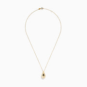 This 14 Karat Yellow Gold Polished Hollow Teardrop Pendant features a minimalist design on a forzantina chain, accented with black details on a plain white background.