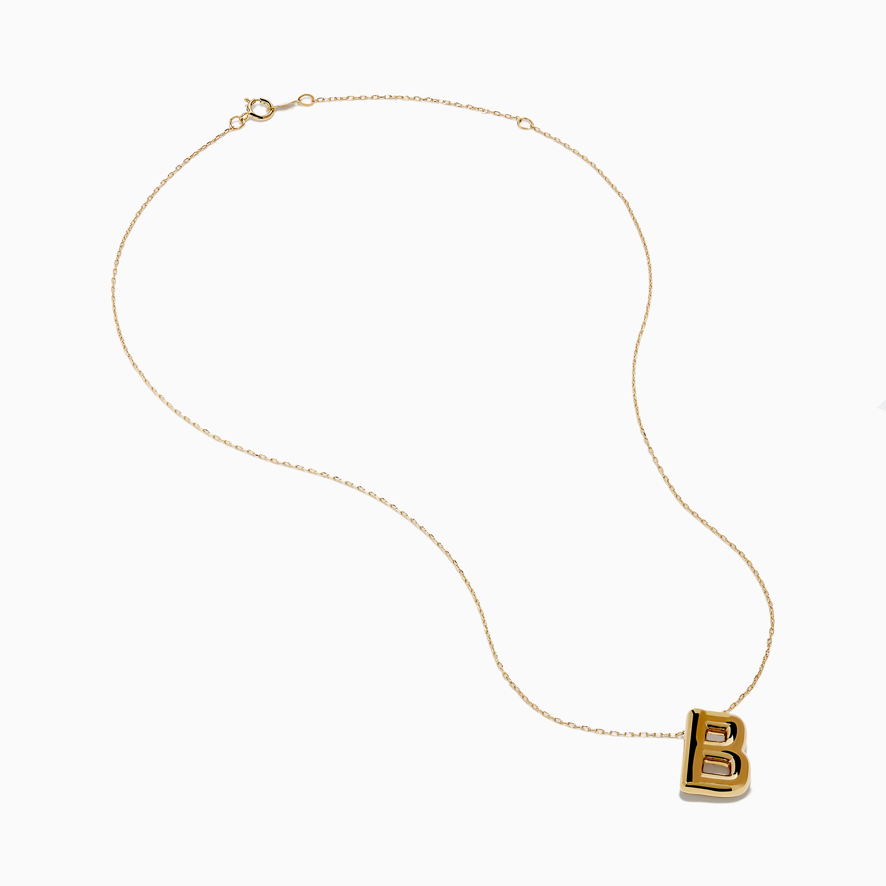 The 14K Yellow Gold Initial B Bubble Pendant shines on a delicate gold chain, displayed against a white background.