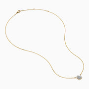 The D'Oro 14K Yellow Gold Diamond Sunburst Collarbone Necklace showcases a sun-shaped pendant adorned with sparkling white diamonds, elegantly displayed on a plain white background.