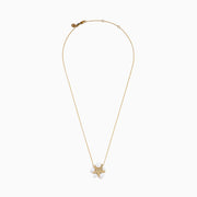 The 14K Yellow Gold Freshwater Pearl and Diamond Starfish Necklace features sparkling diamonds, five large freshwater pearls, and a delicate chain, creating an elegant statement piece.