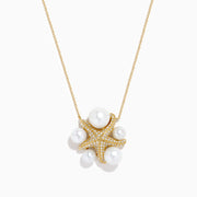 The 14K Yellow Gold Freshwater Pearl and Diamond Starfish Necklace features sparkling diamonds, five large freshwater pearls, and a delicate chain, creating an elegant statement piece.
