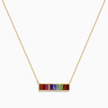The Mosaic 14K Yellow Gold Multi Color Gemstone and Diamond Collar Bone Bar Necklace features a horizontal bar pendant set with five baguette-cut rainbow gemstones: red, purple, blue, green, and yellow.