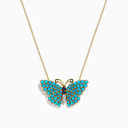 14K Yellow Gold Turquoise, Blue Sapphire and Diamond Butterfly Necklace