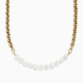 The 14K Yellow Gold Cultured Fresh Water Pearl & Gold Chain Necklace features a row of pearls along a gold chain, shown on a white background.