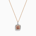 The 14K Two Tone Gold Morganite and Diamond Pendant features a cushion-cut peach morganite surrounded by sparkling diamonds, set in a blend of rose and white gold for an elegant, refined look.