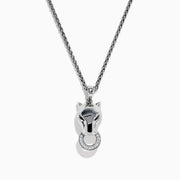 The Signature Sterling Silver Tsavorite and Diamond Panther Pendant showcases a stylized panther head holding a diamond-encrusted ring, set against a plain white background.