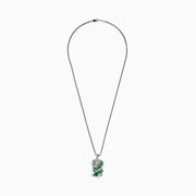 A Mens 925 Sterling Silver Malachite and Diamond Dragon Pendant necklace, featuring green malachite and silver accents in a detailed dragon design, displayed on a plain white background.