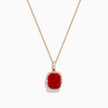 An elegant gold chain necklace with a cushion-cut red gemstone pendant and white diamonds—perfectly complements the Aurora 14K Rose Gold Fire Opal and Diamond Ring.