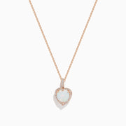The Aurora 14K Rose Gold Diamond and Heart Opal Pendant features a delicate rose gold chain with a heart-shaped opal framed by sparkling diamonds, displayed on a white background.