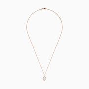 The Aurora 14K Rose Gold Diamond and Heart Opal Pendant features a delicate rose gold chain with a heart-shaped opal framed by sparkling diamonds, displayed on a white background.