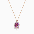 The 14K Rose Gold Pink Amethyst and Diamond Pendant features a large faceted pink amethyst wrapped in a wavy band of diamonds, suspended from a delicate rose gold chain against a white background.
