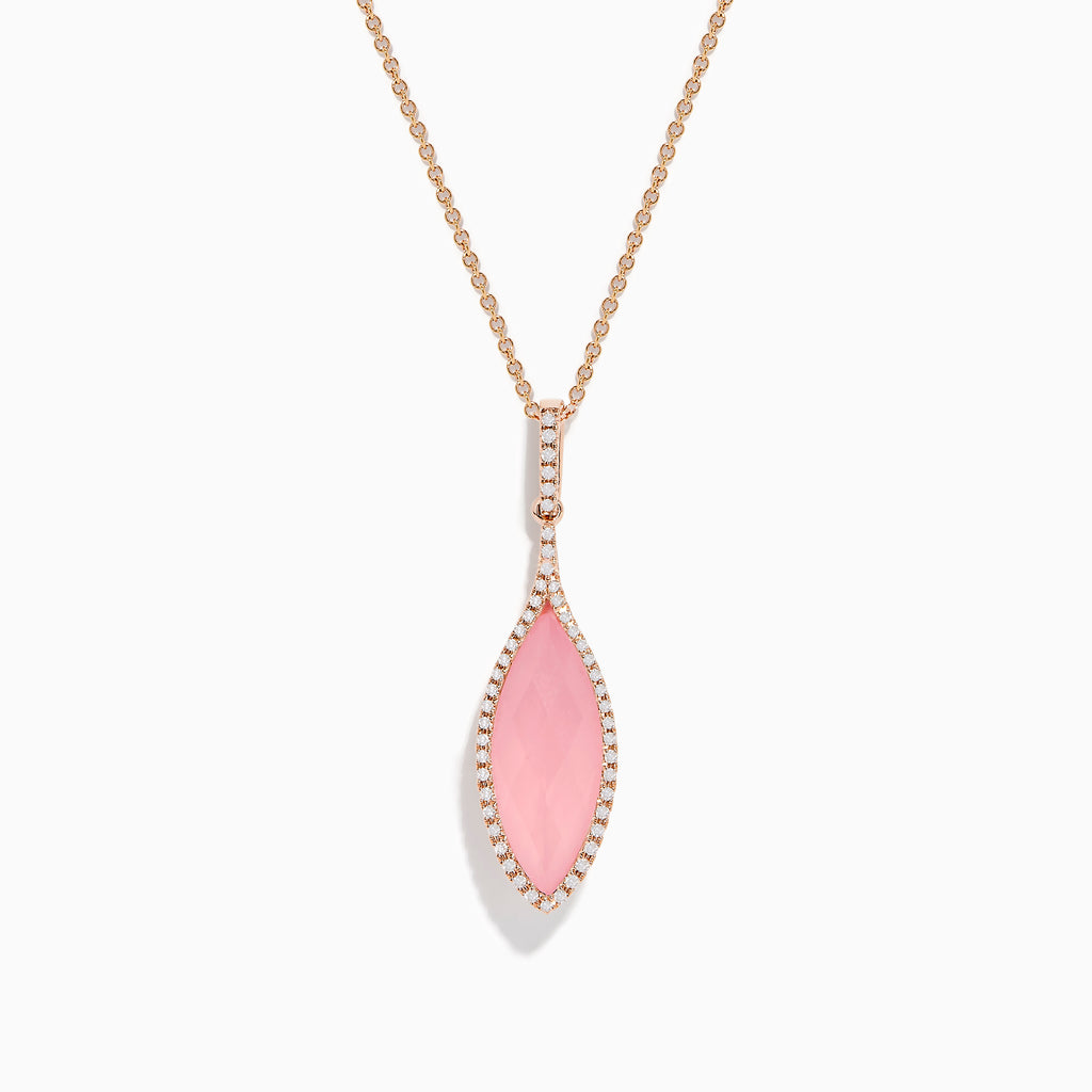 The 14K Rose Gold Diamond and Rose Quartz Pendant features a marquise rose quartz outlined with small diamonds, set in rose gold, shown on a white background.