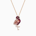 The Safari 14K Rose Gold Ruby and Diamond Flamingo Pendant features a rose gold chain and a flamingo-shaped pendant with ruby accents, diamond highlights, and detailed gemstone inlays in pink, red, black, and white.