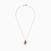 The Safari 14K Rose Gold Ruby and Diamond Flamingo Pendant features a rose gold chain and a flamingo-shaped pendant with ruby accents, diamond highlights, and detailed gemstone inlays in pink, red, black, and white.