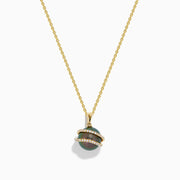 The 14K Yellow Gold Black Tahitian Pearl and Diamond Pendant features a spherical black pearl encircled by two diagonal gold bands set with small diamonds, shown against a white background.