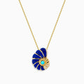 The Seaside 14K Gold Lapis Lazuli, Turquoise, and Diamond Nautilus Shell Pendant features a gold chain necklace with blue lapis sections, a turquoise center, and sparkling diamond accents.
